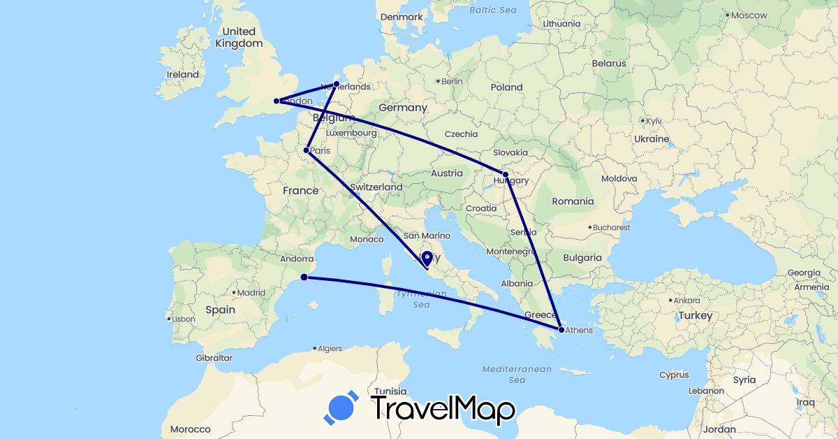 TravelMap itinerary: driving in Spain, France, United Kingdom, Greece, Hungary, Italy, Netherlands (Europe)